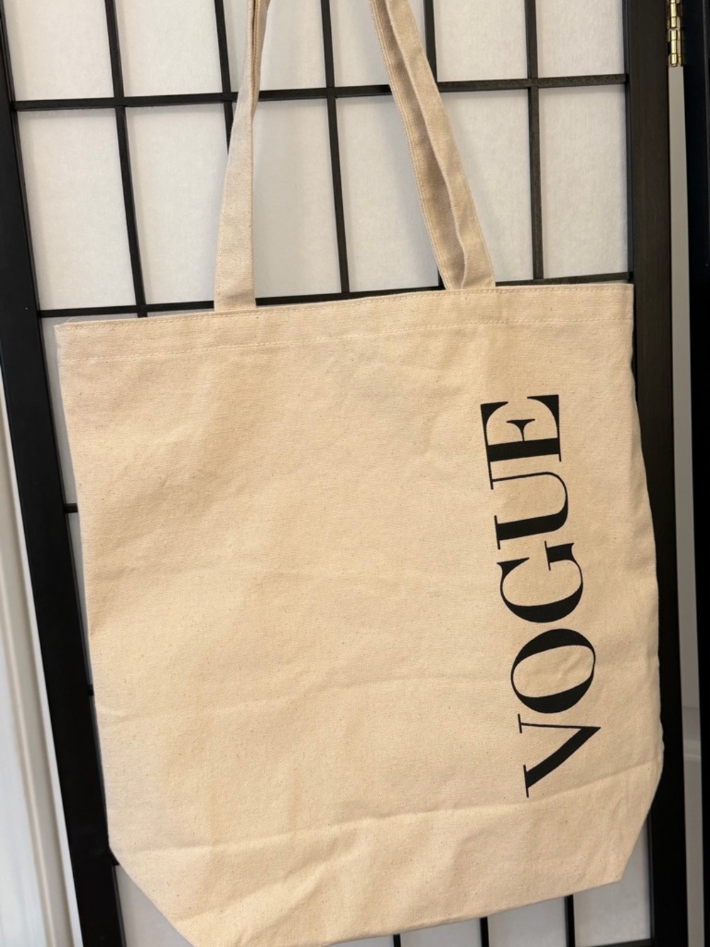 Vogue Beige Canvas Tote with Vertical Black Logo